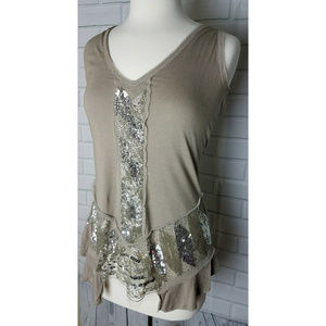 Spiegel v-neck tank mesh trim beading sequins L